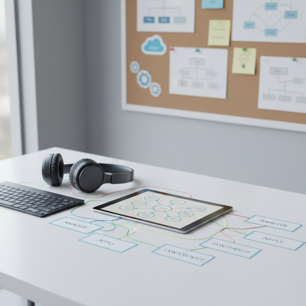 On a broad white workspace, a collection of educational technology tools is carefully arranged: a slim silver tablet displaying an interactive concept map, a wireless keyboard, and a pair of over-ear headphones with a matte charcoal finish. Surrounding them are printed cards with neatly typed learning objectives, each connected by colored string to represent instructional design thinking. In the blurred background, a corkboard mounted on a soft gray wall holds pinned diagrams and sticky notes shaped like digital icons. Cool, diffused daylight from a nearby window softens the scene, with subtle gradients on the devices and gentle shadows beneath each object. Photographed from a slightly elevated, three-quarter angle with moderate depth of field, the image feels analytical yet creative. The mood is focused, innovative, and professional, rendered in crisp photographic realism for an educational technology context.