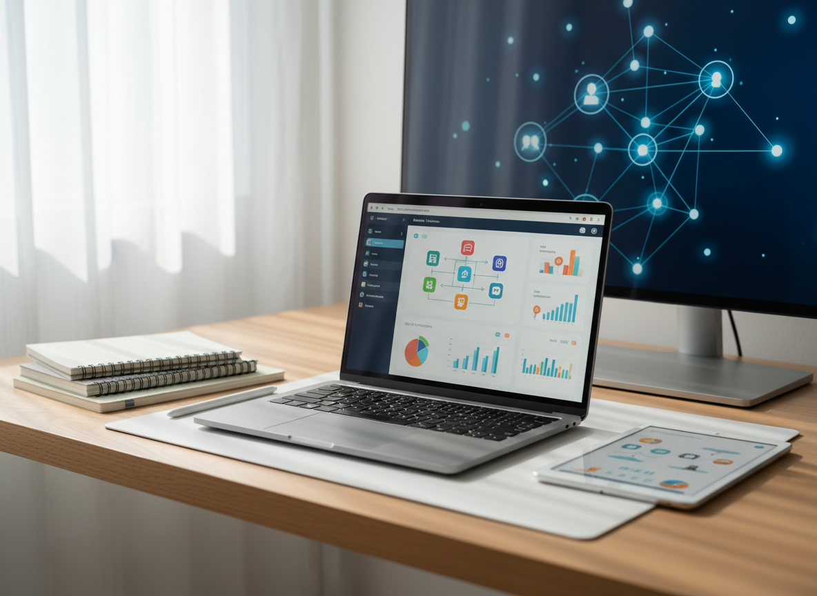 A sleek silver laptop with a matte finish sits open on a pale oak desk, its screen displaying a colorful dashboard of educational technology icons, flowcharts, and digital learning analytics. Around it, neatly arranged notebooks with tabbed dividers, a stylus, and a slim tablet rest on a clean white desk mat. In the background, a large wall-mounted monitor shows an abstract interface of connected nodes symbolizing learning pathways. Soft morning daylight filters through sheer curtains, creating gentle reflections on the screens and subtle shadows along the desk edge. Photographed at eye level with a shallow depth of field, the laptop is in sharp focus while the background softly blurs. The mood is professional, organized, and quietly inspiring, with a clean, modern, photographic realism well-suited for an educational technology portfolio homepage.