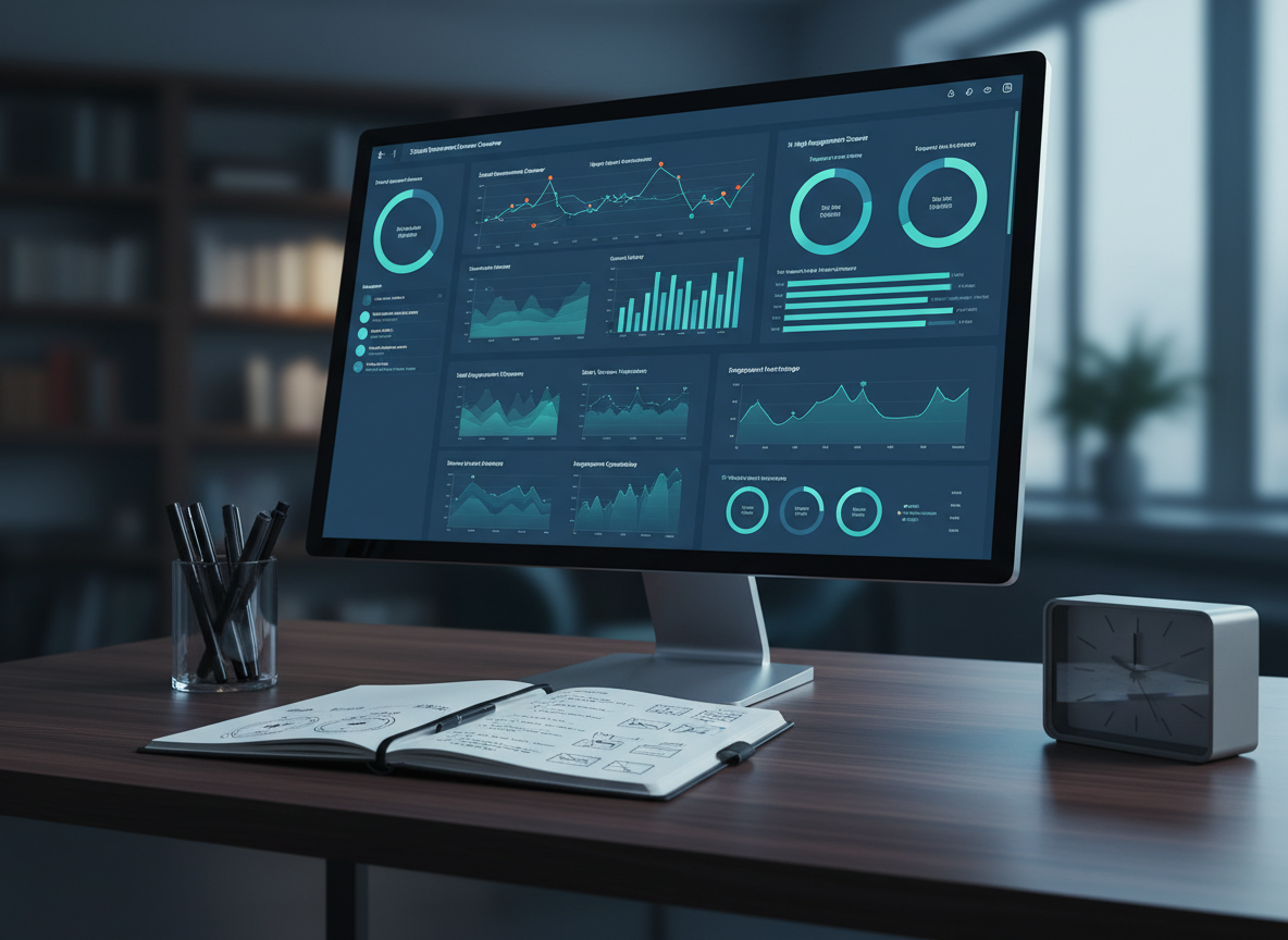 A sophisticated data visualization of student learning analytics fills a large, frameless monitor on a dark walnut desk. The screen shows layered graphs, heat maps, and progress indicators in a calm palette of blues and teals, with a few strategic accents of orange highlighting key insights. In front of the monitor, a slim notebook lies open with neatly written notes and small, precise diagrams summarizing trends. A clear glass pen holder containing fine black pens and a subtle metal desk clock add professional detail. Cool, controlled studio lighting illuminates the desk surface and screen glow, while the surrounding room falls into a soft, darker blur, drawing attention to the data. Captured from a slightly low angle, the composition highlights the monitor’s prominence. The mood is analytical, focused, and highly professional, presented in sharp photographic realism suited for showcasing evidence-based educational practice.