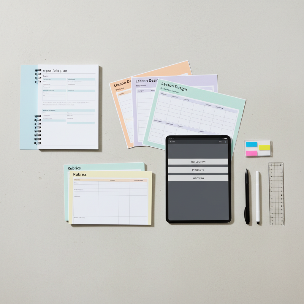 An elegant arrangement of printed pages lies on a smooth, light concrete surface: a spiral-bound e-portfolio plan, color-coded lesson design templates, and neatly stacked rubrics, each page featuring clean typography and subtle pastel highlights. Beside them, a slim graphite-gray tablet displays a polished e-portfolio homepage with navigation tabs labeled reflection, projects, and growth, framed by a minimal interface. A translucent acrylic ruler, fine-tip pens, and adhesive tabs add hints of preparation and structure. Soft overhead studio lighting creates even illumination with faint, crisp shadows that emphasize the paper textures and device edges. Captured from a slightly elevated angle using the rule of thirds, the composition feels balanced, methodical, and professional. The photographic style is clean and modern, evoking thoughtful academic planning and intentional educational growth.