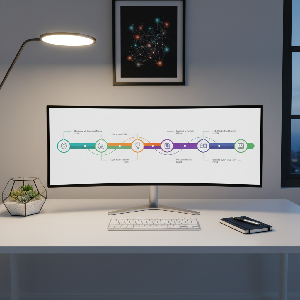 A large, ultra-wide computer monitor dominates a minimalist white desk, displaying a detailed timeline of professional growth in educational technology: colorful milestones, icons for major projects, and annotated reflections spaced across a horizontal axis. Below the screen, a slim wireless keyboard and a small notebook with a navy cloth cover rest side by side. To the left, a geometric glass terrarium containing succulents introduces organic texture. The room’s walls are a soft, neutral gray, with a single framed abstract graphic of interconnected nodes hanging in the background. Warm, indirect desk lamp lighting combines with faint evening window light, casting gentle, elongated shadows and a calm glow on the workspace. Captured straight-on at eye level with sharp focus throughout, the scene has a composed, intentional, and professional photographic style, ideal for a “journey of growth” section.