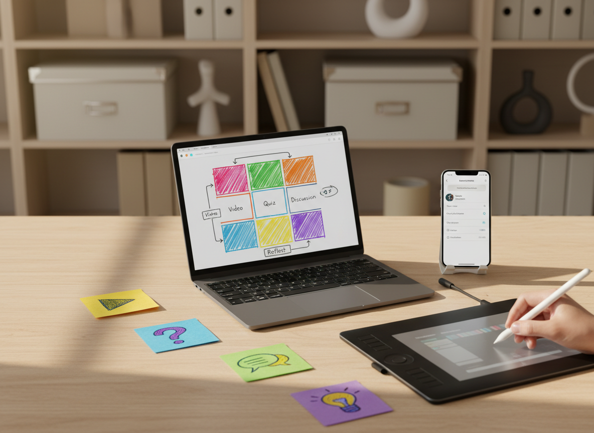 A clean wooden tabletop holds a carefully arranged set of devices used for digital lesson creation: a convertible laptop folded into tablet mode displaying a colorful storyboard of a multimedia lesson, a drawing tablet with an active stylus mid-stroke on an interface mockup, and a smartphone propped upright showing an accessibility settings screen. Scattered neatly around them are sticky notes bearing hand-drawn icons for video, quiz, discussion, and reflection, each in a different bright color. Soft afternoon light enters from the left, creating a warm, directional glow with gentle shadows that define each object’s shape. The background fades into a softly blurred bookshelf filled with neutral-toned binders and storage boxes. Shot from a slightly elevated angle with a shallow depth of field, the photographic image feels hands-on, innovative, and process-oriented, emphasizing the craft of designing educational technology experiences.